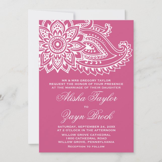 Invitation Paisley indien rose Mariage officiel (Devant)
