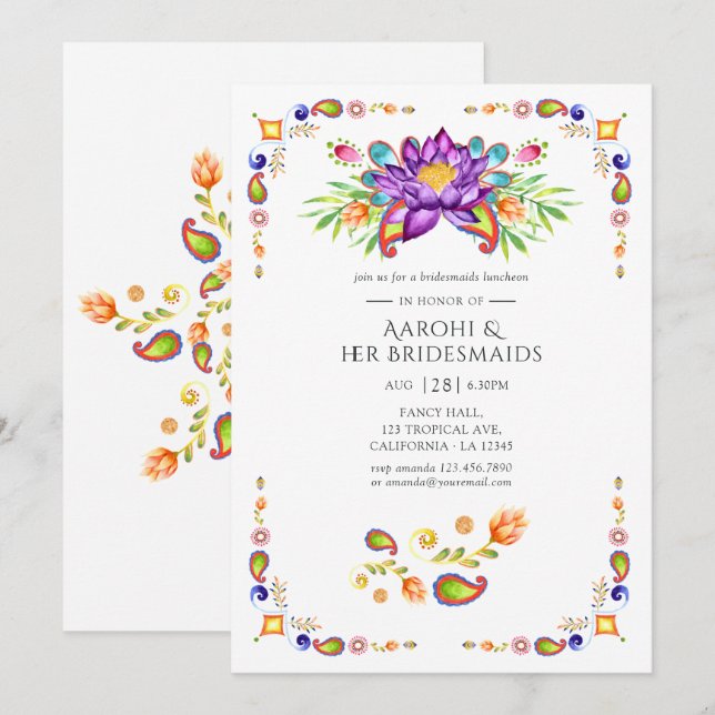 Invitation Paisley Lotus Flower Indian Bridesmaigre Déjeuner (Devant / Derrière)
