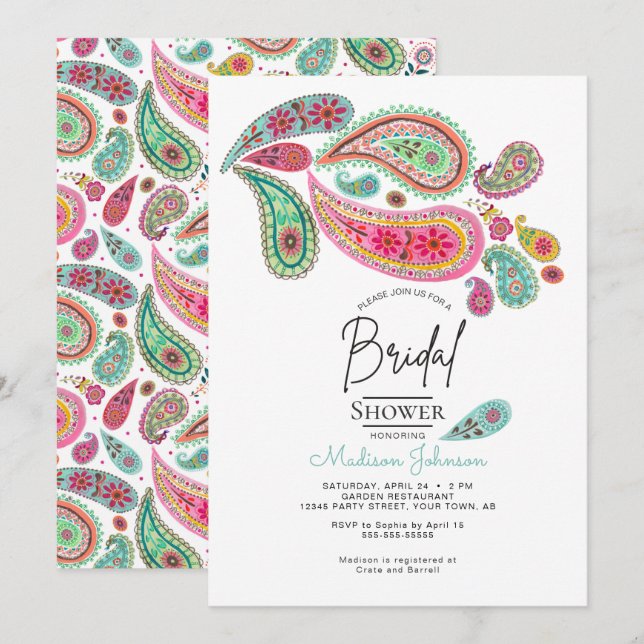 Invitation Paisley rose et turquoise Art folklorique floral (Devant / Derrière)
