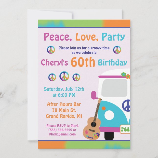 Invitation Paix, Amour, Fête Hippie Tie Dye Anniversaire (Devant)