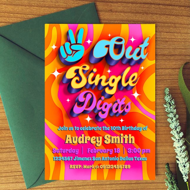 Invitation Paix dehors chiffres simples Im 10 (Peace Out Single Digits - Groovy Retro 10th Birthday Invitation)