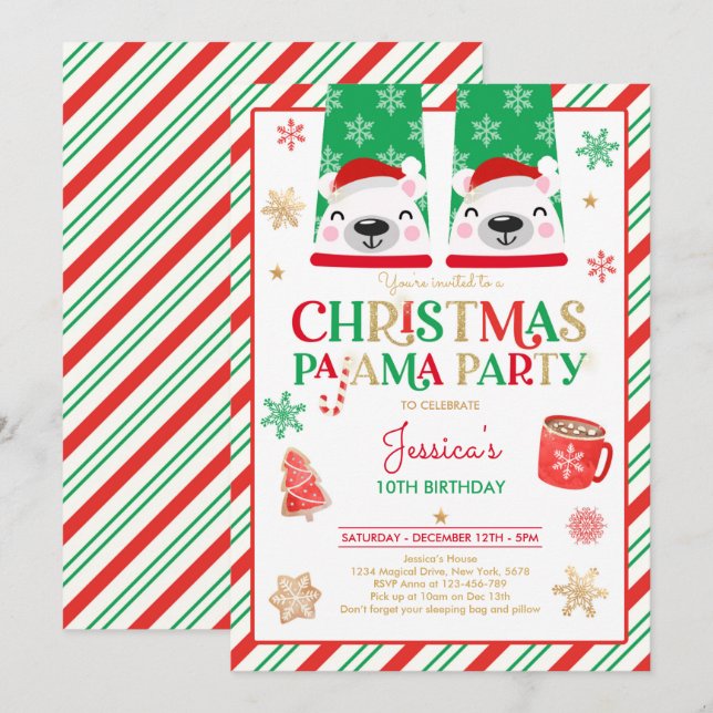 Invitation Pajama de Noël Rouge et Or fête d'anniversaire (Devant / Derrière)