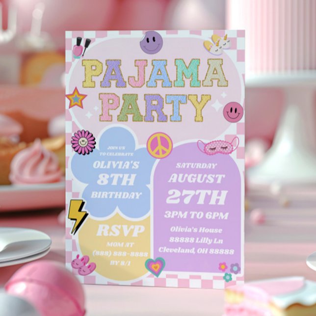 Invitation Pajama Party Preppy Varsity Patch Anniversaire (Créateur téléchargé)