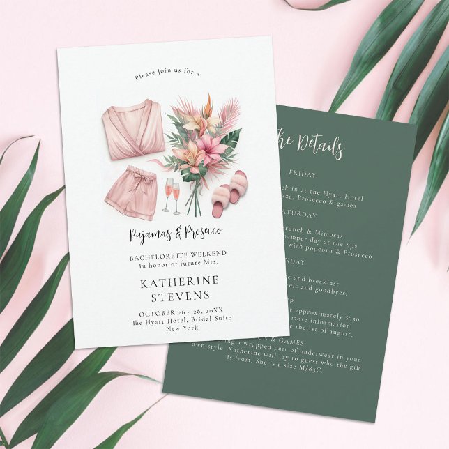 Invitation Pajamas Prosecco Bachelorette Tropical 2 Itinérair (pajamas prosecco bachelorette itinerary invitation champagne tropical floral lingerie pj classy)