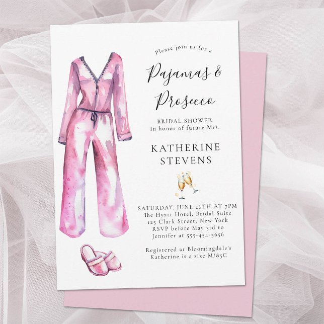 Invitation Pajamas Prosecco PJ Lingerie Party Fête des mariée (pajamas and prosecco bridal shower invitation watercolor pj slippers champagne elegant pink classy)