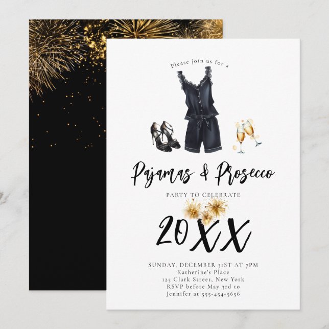 Invitation Pajamas Prosecco PJ Stwood Black New Year Party (Devant / Derrière)