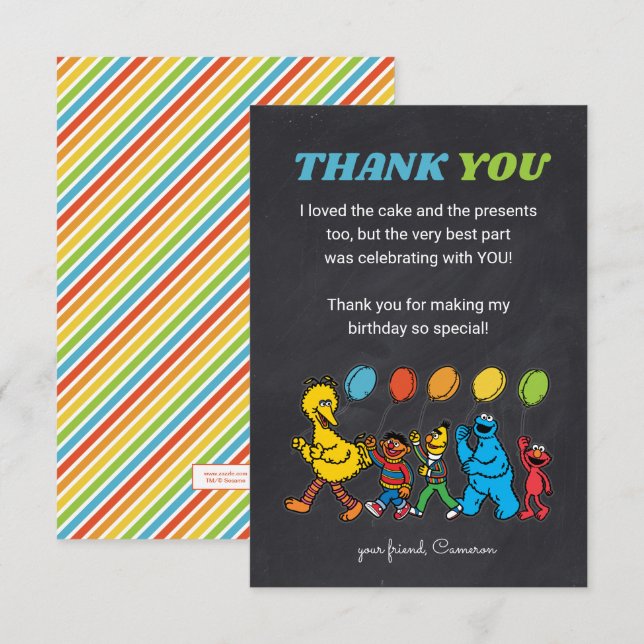 Invitation Pal de rue Sésame | Ballons d'anniversaire - Merci (Devant / Derrière)