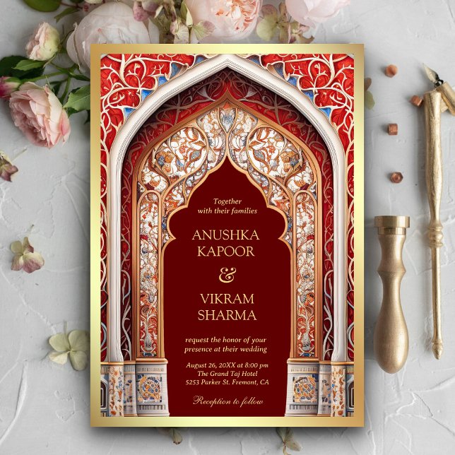 Invitation Palais Royal Arc Rouge Photo Maroon Mariage indien (Créateur téléchargé)