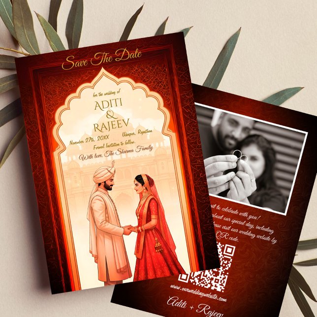 Invitation Palais Royal Indien Mariage Enregistrer La Date Co (Royal Indian Wedding Save The Date with Couple Image and QR Code in the backside.)