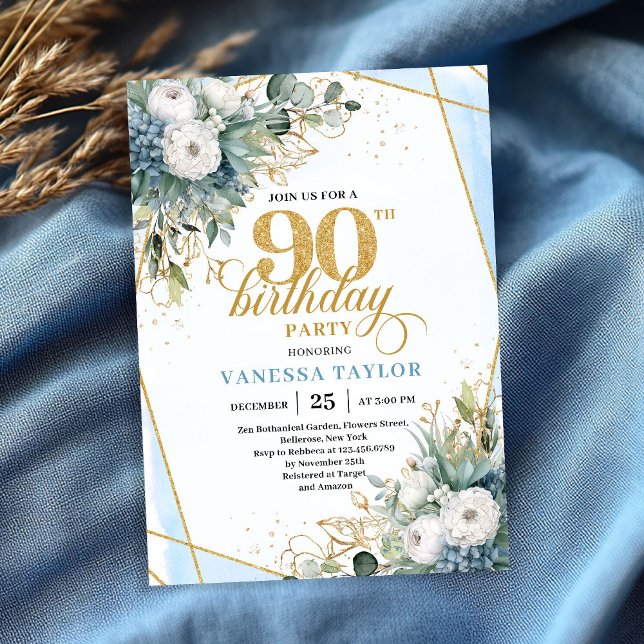 Invitation Pale blue gold leaves soft chic 90th birthday  (Pale blue gold leaves soft chic 90th birthday invitation)