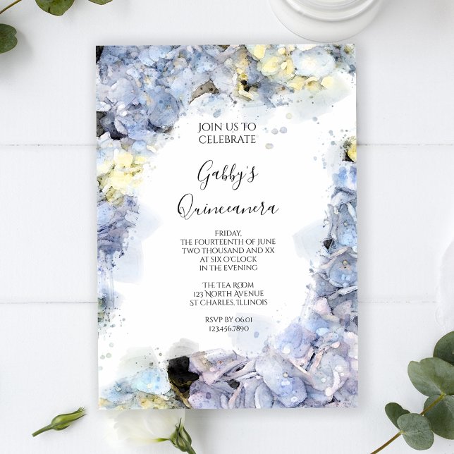 Invitation Pale Blue Hydrangea Watercolor Quinceanera Party (Créateur téléchargé)