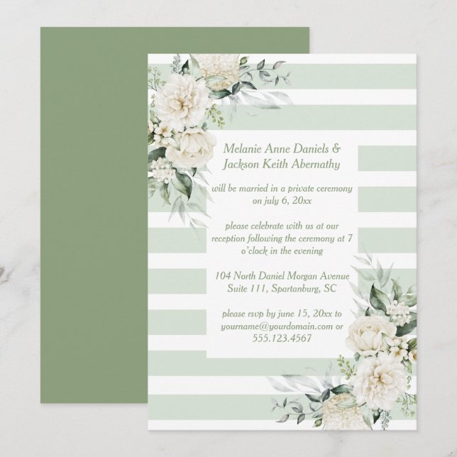 Invitation Pale Green Stripes White Floral Réception Seulemen (Devant / Derrière)