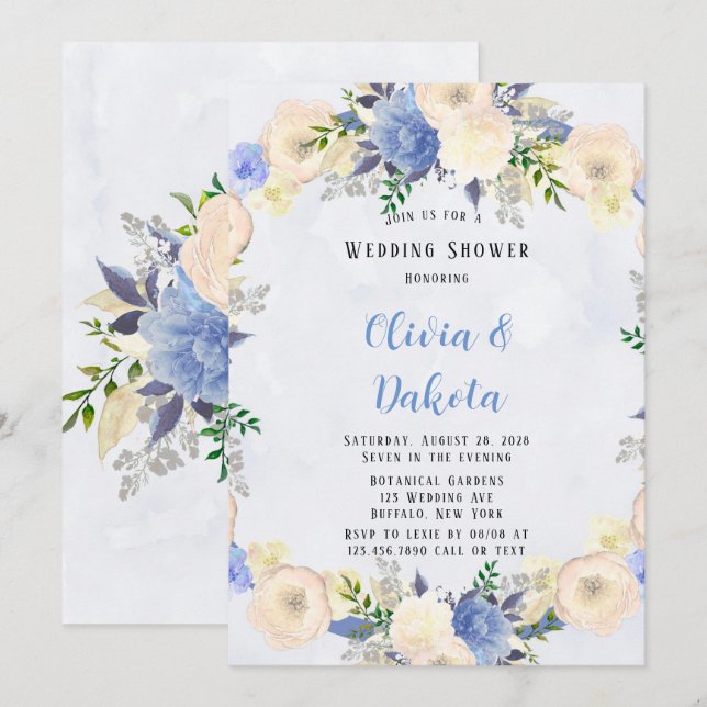 Invitation Pale Jaune Dusty Blue Peony Floral Wedding shower (Devant / Derrière)