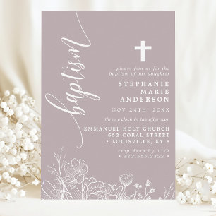Invitation Pâle Lavande Blanc Floral Élégant Écriture Baptême