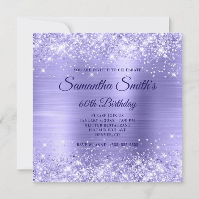 Invitation Pale Periwinkle Parties scintillant et Foil 60e an (Devant)