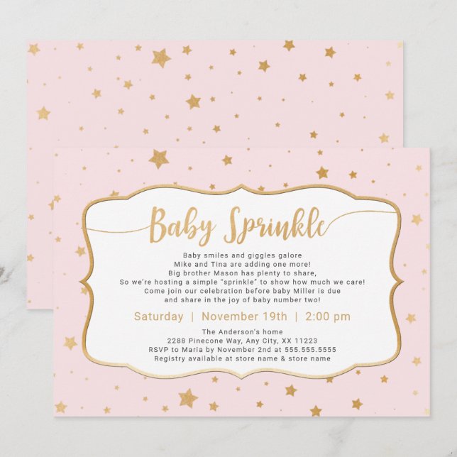Invitation Pale Rose Gold Stars Bébé Sprinkel (Devant / Derrière)