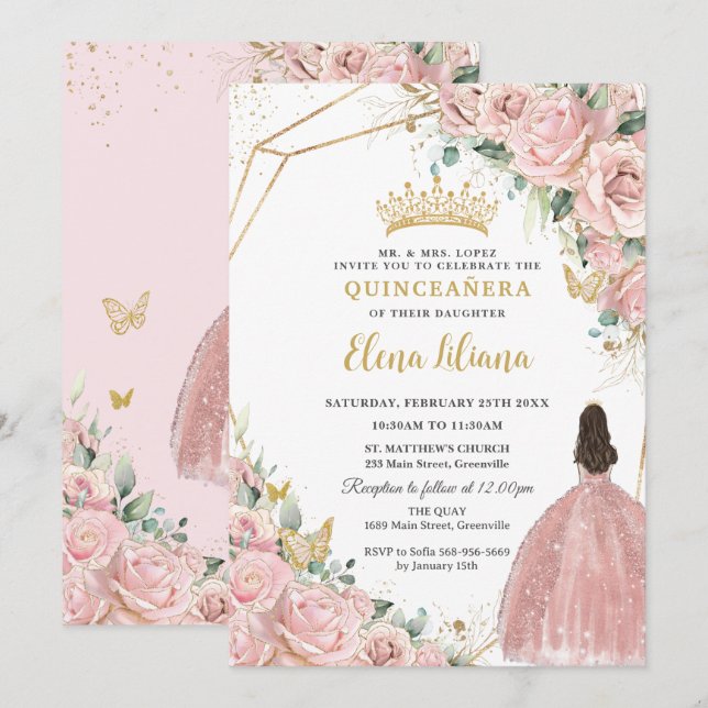 Invitation Pale rose pâle Roses Quinceanera Sweet 16 (Devant / Derrière)