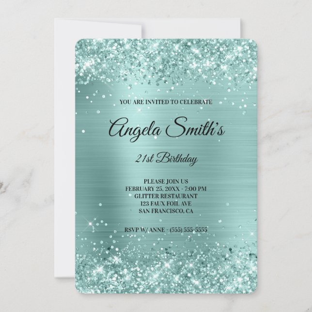 Invitation Pale Turquoise Parties scintillant Foil Fancy Mono (Devant)