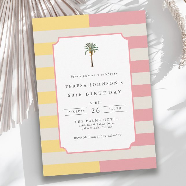Invitation Palm Beach Pastel Stripe Tropical 60th Birthday (Available as both printed and instant download digital formats.)