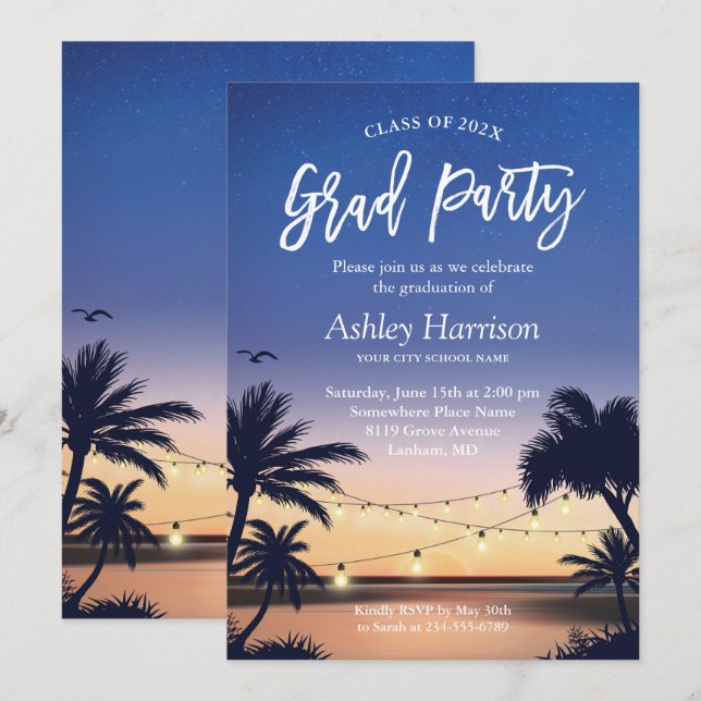Invitation Palm Beach Sunset String Lights Graduation Party (Devant / Derrière)