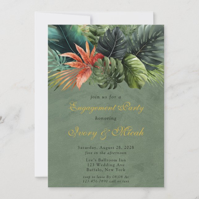 Invitation Palm coloré Feuilles Gold Engagement Party (Devant)