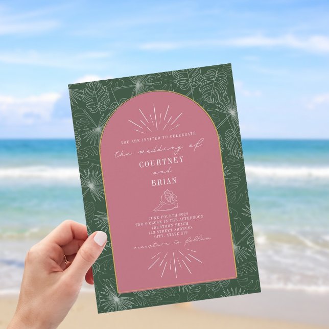 Invitation Palm Feuille Coquillage rose vert Mariage tropical (Créateur téléchargé)
