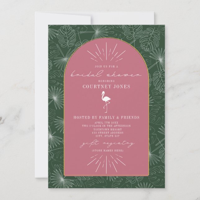 Invitation Palm Feuille Flamant rose rose verte Fête des mari (Devant)