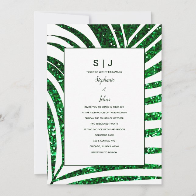 Invitation Palm Leaf Emerald Green Parties scintillant Mariag (Devant)