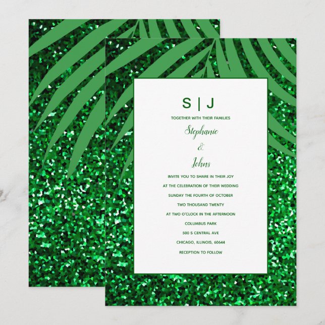 Invitation Palm Leaf Emerald Green Parties scintillant Mariag (Devant / Derrière)