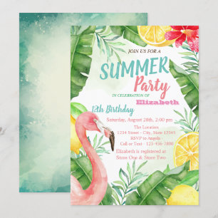Invitation Palm Leaf, Flamant rose Pool Anniversaire