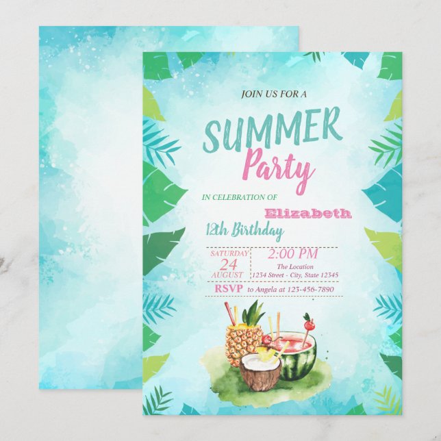 Invitation Palm Leaf, Fruits tropicaux, Fête d'été (Devant / Derrière)
