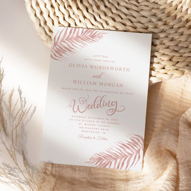 Invitation Palm Leaf Rose moderne or Mariage blanc (Créateur téléchargé)