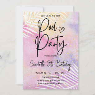 Invitation Palm Pastel Tropical Rainbow Pool Party Anniversai