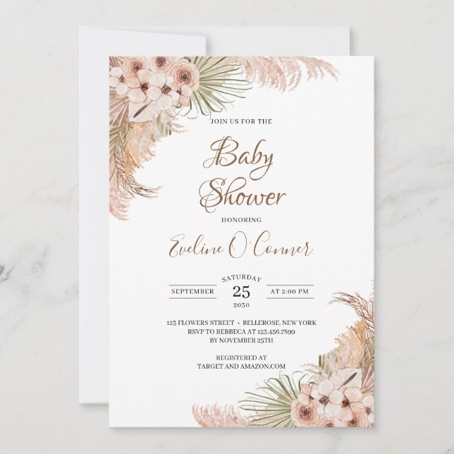 Invitation Palm séché Feuilles Pampas Baby shower en laiton B (Devant)