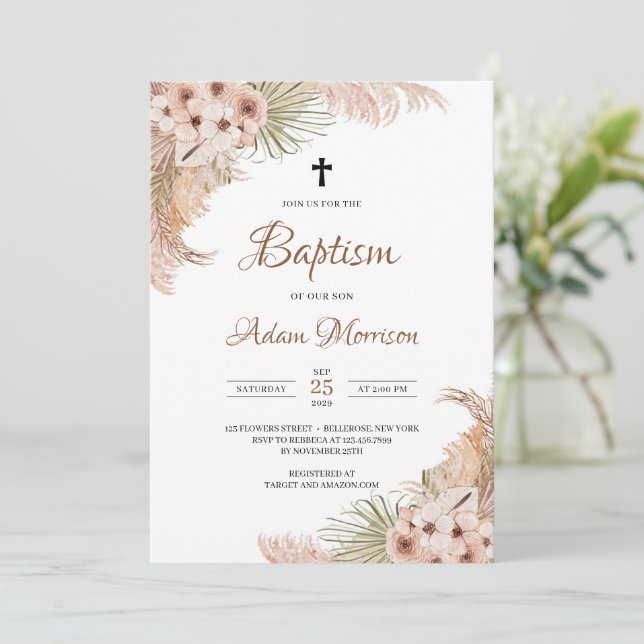 Invitation Palm Séché Pampas Grass Blush Orchid Baptême (Debout devant)
