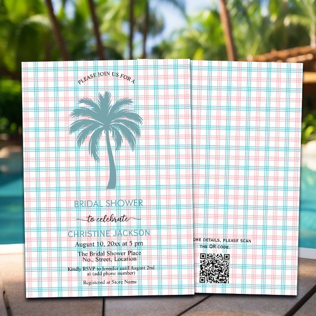 Invitation Palm Tree Azure Rose À damiers QR Code Bride (Créateur téléchargé)