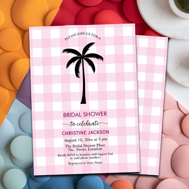 Invitation Palm Tree blanc rose À damiers Fête des mariées (Créateur téléchargé)