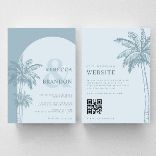 Invitation Palm Tree Boho Beach Dusty Blue QR Code Mariage