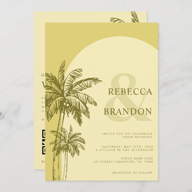 Invitation Palm Tree Boho Beach Yellow QR Code Wedding (Devant / Derrière)