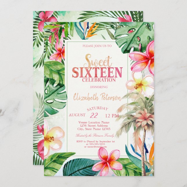 Invitation Palm Tree Feuilles Fleurs tropicales été Sweet 16 (Devant / Derrière)