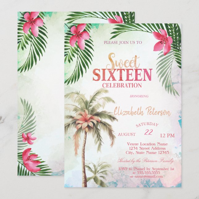 Invitation Palm Tree Fleurs tropicales été doux 16 Party (Devant / Derrière)