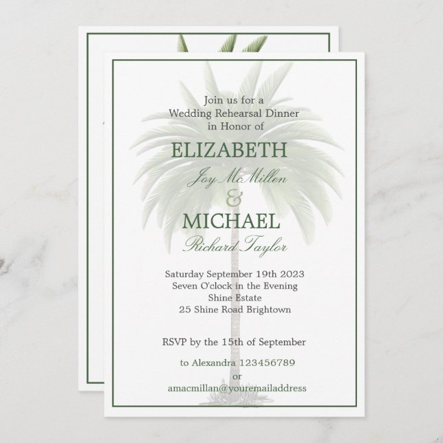 Invitation Palm Tree Mariage élégant Répétition chic moderne (Devant / Derrière)