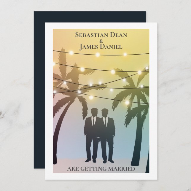 Invitation Palm Tree String Lights Deux Groom Gay Mariage (Devant / Derrière)