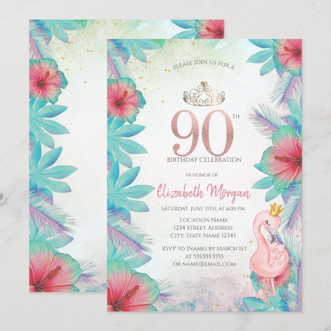 Invitation Palm tropical Feuille Hibiscus Flamant rose rose 9 (Devant / Derrière)