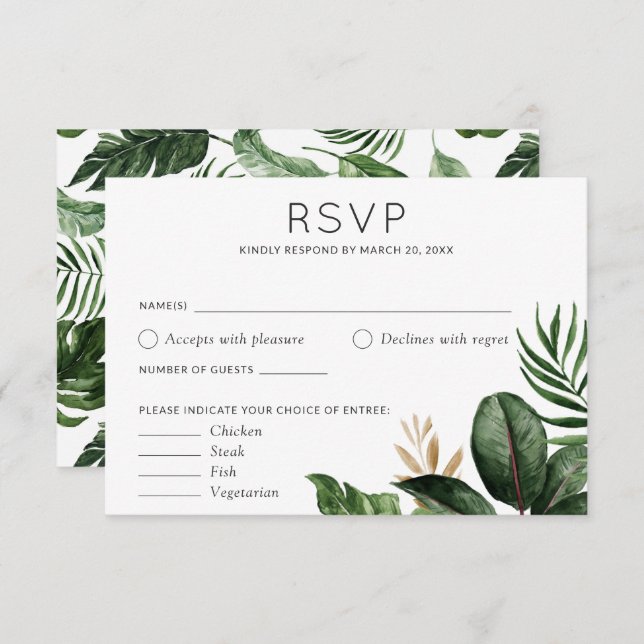 Invitation Palm tropical Feuilles mariage RSVP options alimen (Devant / Derrière)