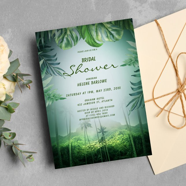 Invitation Palm Tropical Floral Green Beach Fête des mariées (Créateur téléchargé)