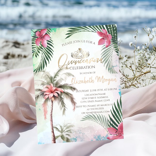 Invitation Palme de fleurs tropicales Quinceañera d'été (Créateur téléchargé)