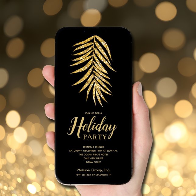 Invitation Palme de Parties scintillant d'or en Noël noir (Gold faux glitter palm on black Christmas holiday invitations - INSTANT DOWNLOAD and/or PRINTED)