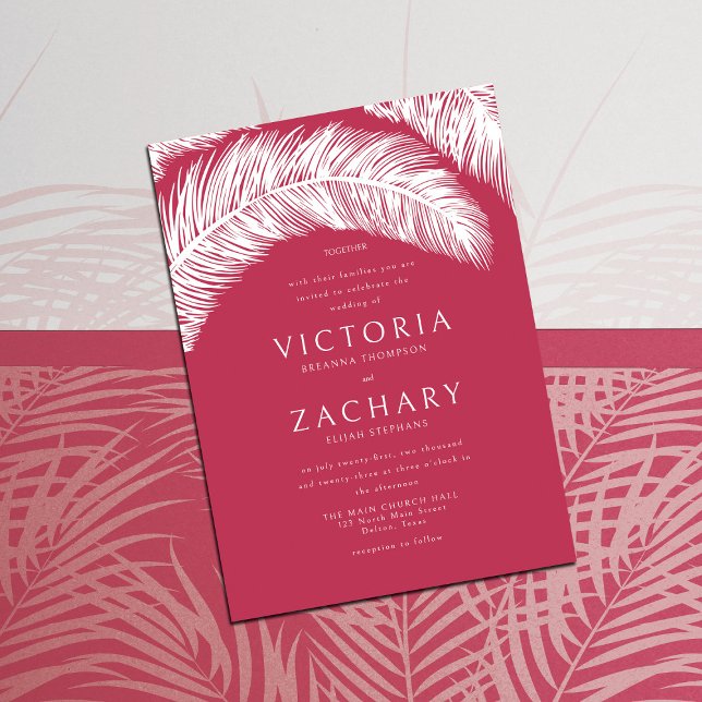 Invitation Palme d'été blanc magenta moderne Feuille Mariage (Créateur téléchargé)