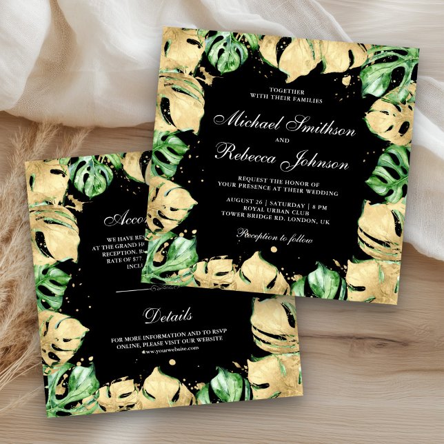 Invitation Palme Monstera d'or vert tout en un Mariage noir (Créateur téléchargé)